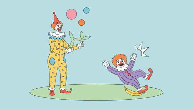 Funny circus clowns performing tricks with one making balloon animals and another slipping on a banana peel.