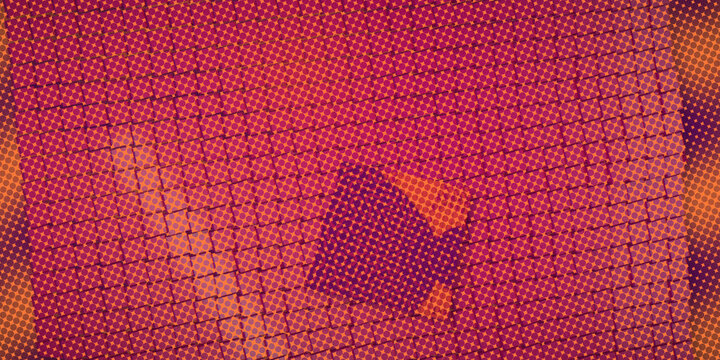 Graphic halftone dot pattern over brick sidewalk with a central shadow silhouette. Bold warm orange and magenta palette with textured, printlike poster aesthetic.