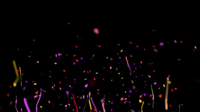 Vibrant multicolored confetti pieces and flowing streamers ascend from the bottom of a dark black background, creating a festive and celebratory visual effect.