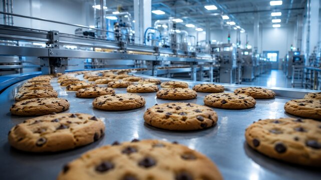 Chocolate Chip Cookies on Automated Production Line in Modern Food Processing Factory