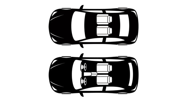 Two black cars in a top-down view showcasing symmetrical sedan silhouettes.