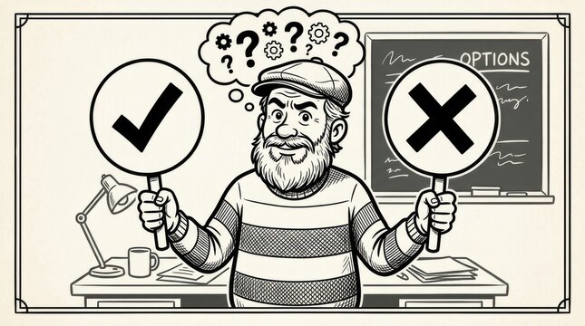 Confused man holding signs with check mark and cross mark symbols to make a difficult decision in his office room