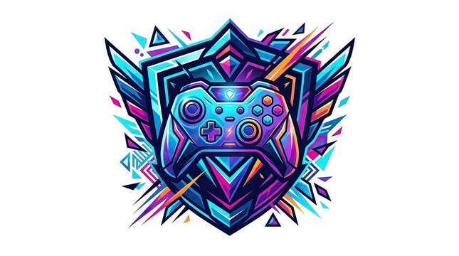 Gaming controller inside a vibrant shield emblem for esports team logo and digital branding
