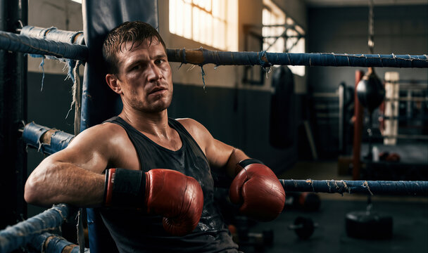 Boxer exhausted male resting, sweat on face inside worn boxing ring, represents dedication and intense training.