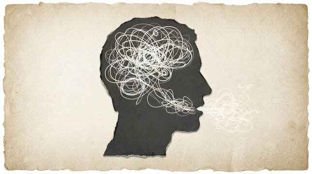Confused thoughts emerging from silhouette head on aged paper
