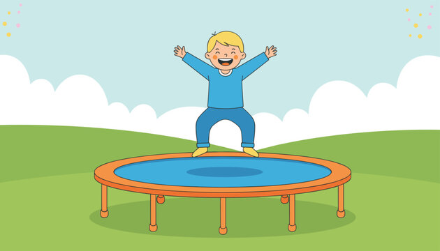 Cheerful young boy jumping high on a backyard trampoline with green grass and white clouds in the background.