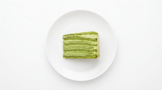 Matcha layer cake slice on white plate isolated top view