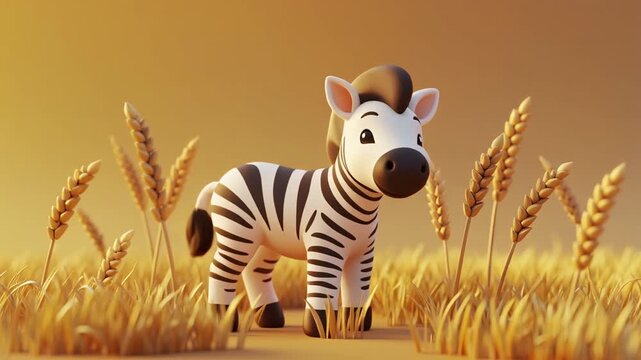 Baby zebra standing in golden wheat field