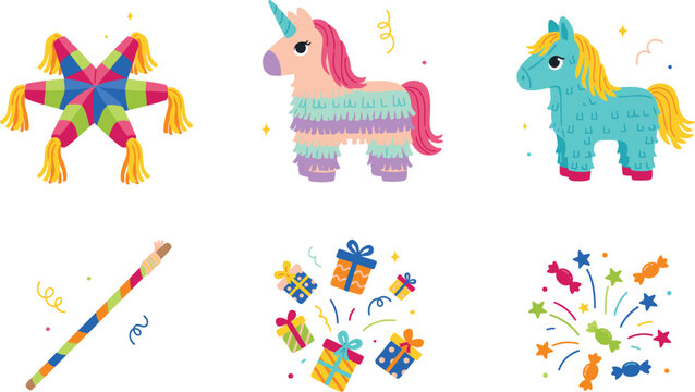 Colorful Birthday Party Pinata Vector Icon Set with Unicorn, Donkey, Star Pinata, Stick, Presents, and Candy Explosion Elements for Festive Celebration Designs