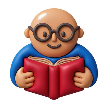 Cheerful bald character with glasses reading red book while smiling on transparent background, cute 3D avatar for education and knowledge concept