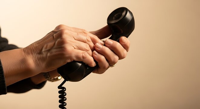 A person holding a vintage desk telephone receiver with both hands while waiting for an important conversation to begin indoors during a busy workday at the office or home environment