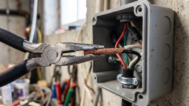 Electrician working on electrical wiring in a junction box with pliers, performing maintenance or installation.