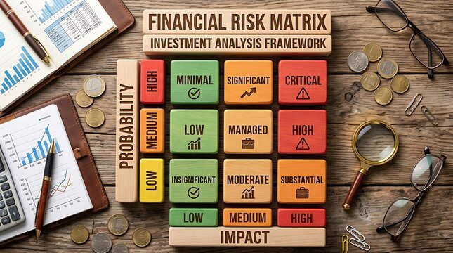 Financial risk matrix with wooden blocks, investment analysis framework