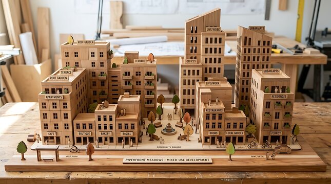 Wooden architectural scale model of a mixed-use urban development