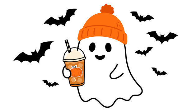 Cute halloween ghost character holding boba drink surrounded by flying black bats vector illustration