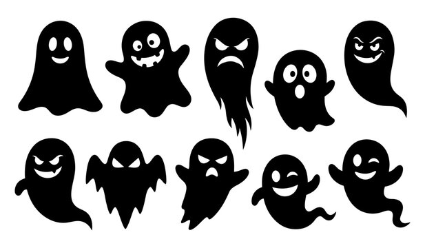 Collection of spooky black ghost silhouettes in various fun poses for halloween decoration design