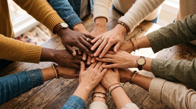 Unity in Diversity: A powerful visual of diverse hands coming together in a circle, symbolizing unity, trust, and shared purpose. A testament to the strength of collaboration.