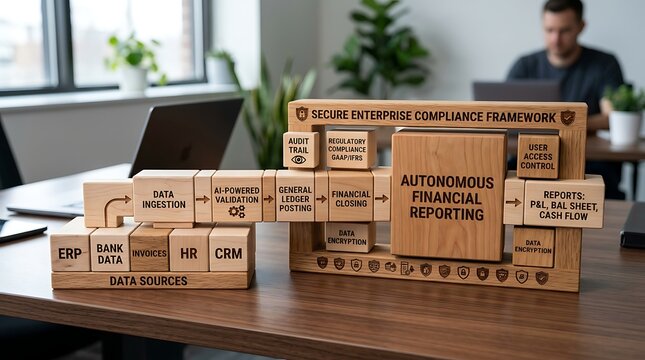Wooden blocks illustrating an autonomous financial reporting compliance framework