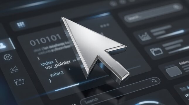 A shiny silver computer mouse cursor arrow floating above a dark digital screen with programming code and text data