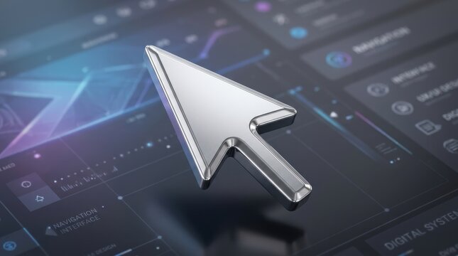 Shiny silver computer mouse cursor arrow floating above a dark digital interface screen with glowing modern data charts
