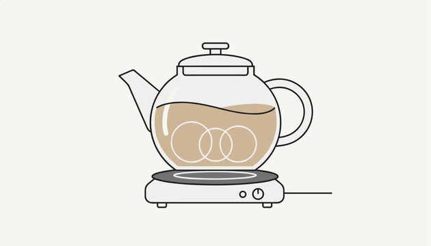 Electric hot plate warming a transparent glass teapot filled with delicious herbal tea on a white background.