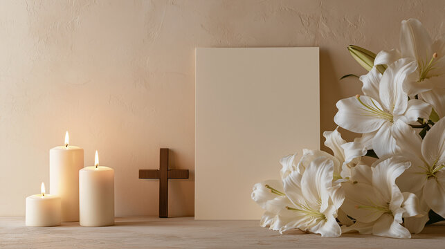 Christian Blank Card Mockup with White Lilies, Cross and Candles