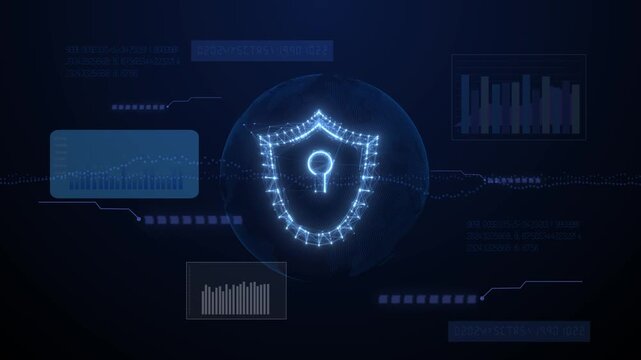 Futuristic data protection dashboard featuring wireframe shield hologram with analytics charts on dark background.