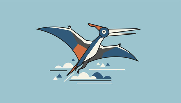 Prehistoric pterodactyl dinosaur soaring gracefully through a blue sky above high mountains and white clouds.