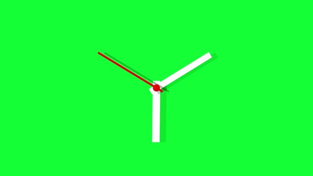 White clock hands with a red second hand showing the time moving fast on a bright green background representing the concept of passing time and business deadline efficiency