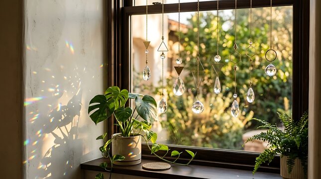 Crystal suncatchers hanging in a sunny window with indoor plants and light reflections