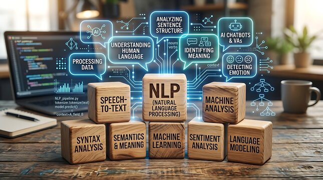 Wooden blocks with natural language processing concepts and digital ai infographic overlay