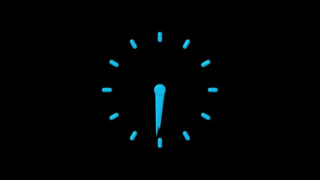 Minimal blue clock face icon with two hands showing time on a dark black background representing a simple watch design for digital interface elements and business time management