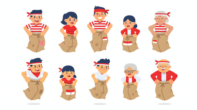 Diverse Indonesian people set competing in traditional sack race for independence day celebration