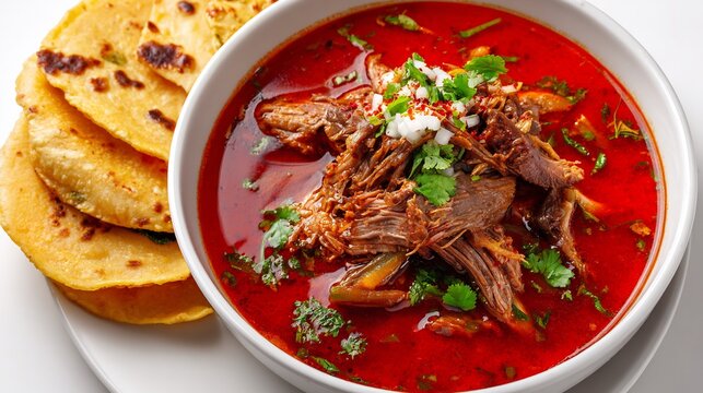 Authentic beef birria consomme with shredded meat and toasted corn tortillas on a white plate