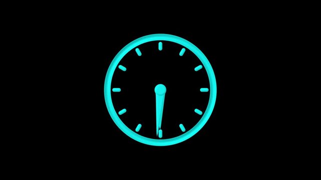 Glowing neon blue clock icon with a circular face design showing time on a dark black background representing punctuality and business efficiency for digital interface projects