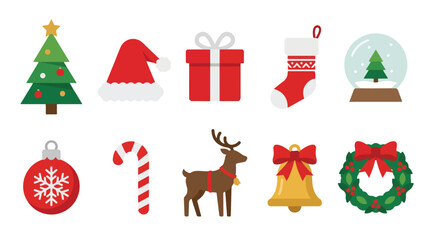 Fototapeta premium Vector Christmas Icon Set with Holiday Symbols in Flat Style