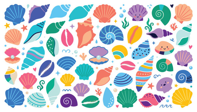 Colorful seashell pattern vector background, Cute beach shells and ocean summer clipart