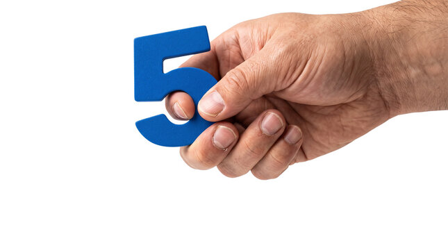 Male hand holding blue number five cutout isolated on transparent background