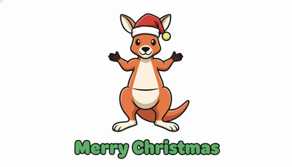 Fototapeta premium Cute Cartoon Kangaroo Wearing a Santa Claus Hat Wishing Merry Christmas.