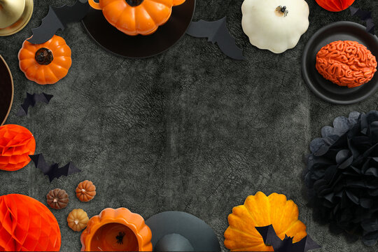 Halloween. Colorful Halloween decorations including pumpkins and spooky accessories