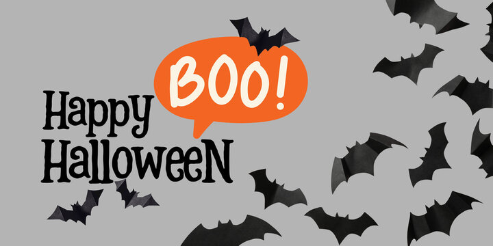 Halloween design showcases playful bats flying against a grey background