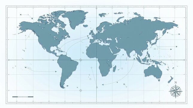 World map with latitude, longitude, compass and geographic coordinates, clean flat design illustration for cartography, navigation, geography and education