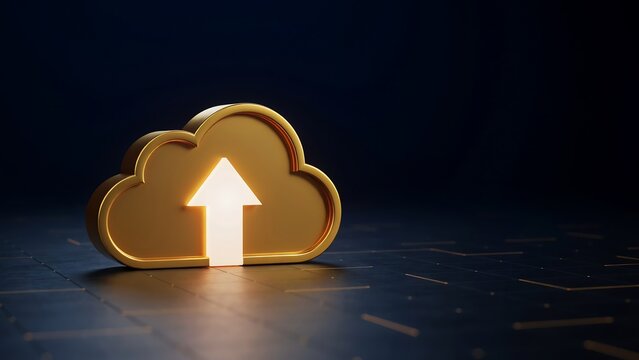 Polished golden cloud symbol featuring glowing white upload arrow rests on dark textured floor with faint orange lights representing modern internet storage and cloud connectivity.