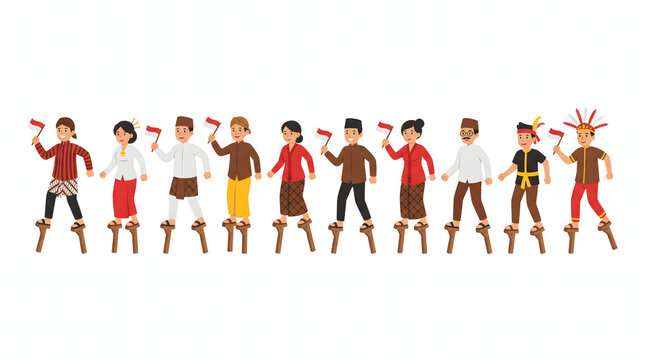People in Indonesian traditional costumes walking on stilts celebrating Independence Day
