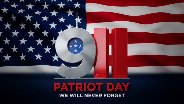 Patriot day graphic with american flag and 9 11 memorial symbols we will never forget commemoration.