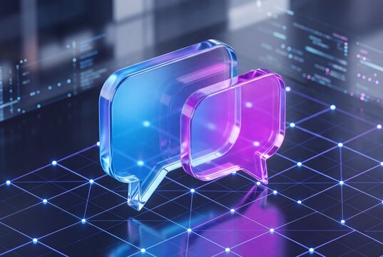 3D Glass Speech Bubbles on Digital Network Grid for Communication and Tech Concepts