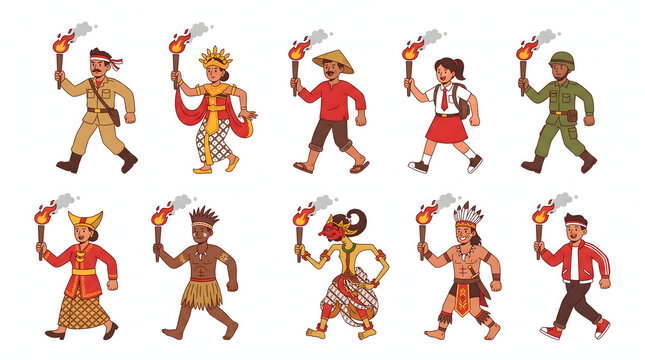 Diverse Indonesian people in traditional and modern outfits walking and holding flaming torches