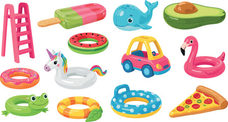 Inflatable pool floats vector set featuring pink flamingo unicorn whale avocado pizza slice donut lollipop toy car and colorful swim rings isolated on white background © MD