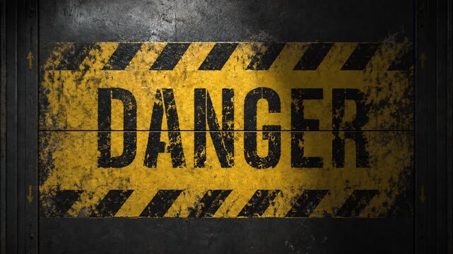 3D animation of an industrial danger door opening and closing in a seamless loop, revealing a blue chroma key background for compositing and visual effects.