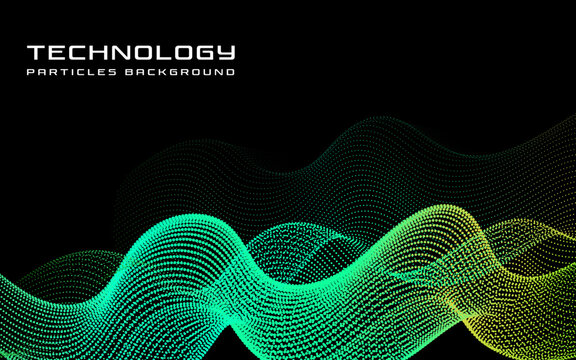 Abstract technology background with flowing green and lime digital particle wave pattern